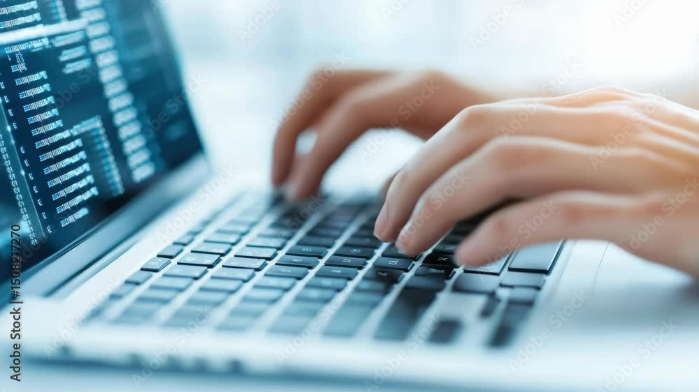 Poster focused hands typing on laptop keyboard in modern workspace showcasing productivity, technology, and