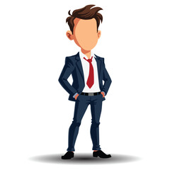  Professional cartoon businessman character in a navy suit, red tie, and confident stance on a white background