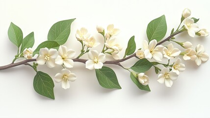 Branch of Jasmine with Small White Blossoms and Vibrant Green Leaves on Neutral Background