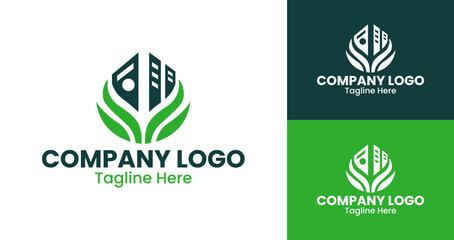 Company Logo Design Corporate Business Logo with Building and Leaf Elements