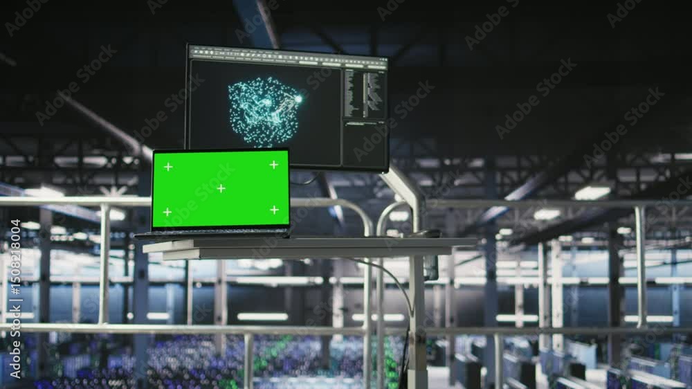 Poster industrial platform workstation in automated data center displaying deep learning code on isolated s