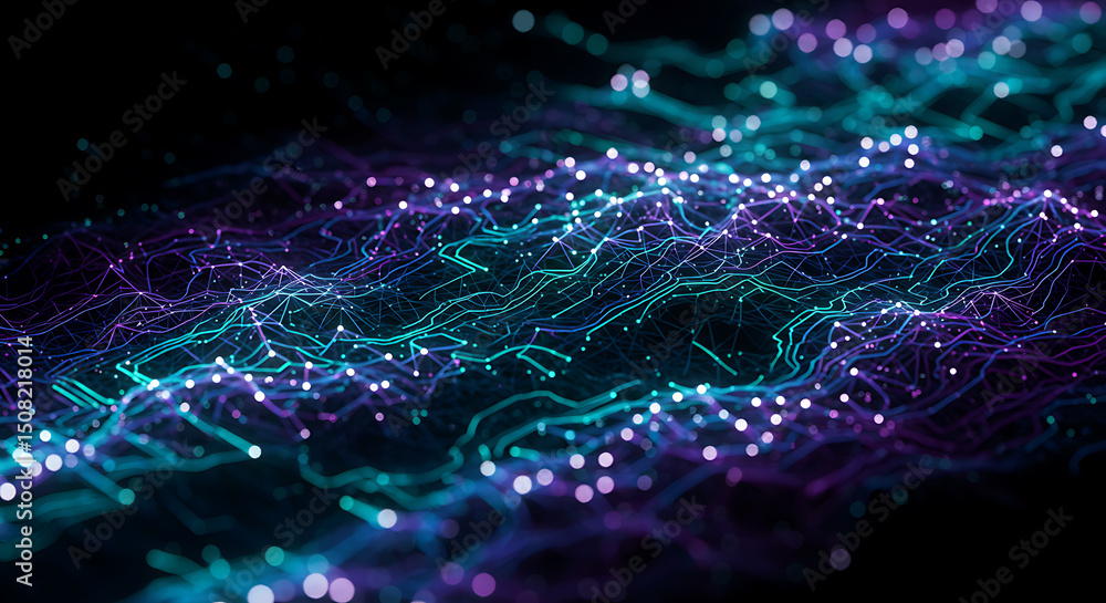 Poster abstract digital network data flow glowing lines and nodes futuristic technology background
