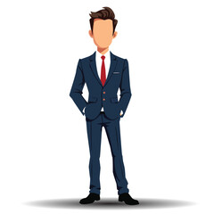 Obraz premium Stylish cartoon businessman in formal dark blue suit, red tie and hands in pockets pose on clean white background