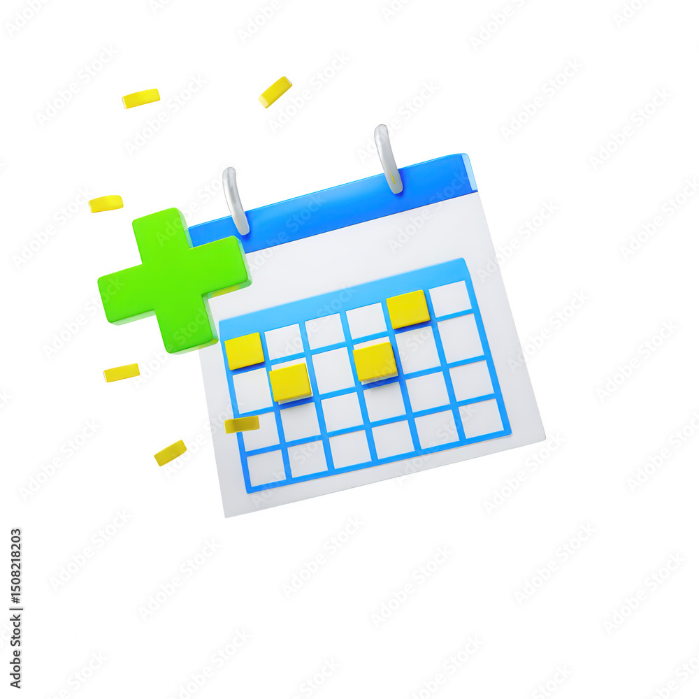 Poster 3d calendar with plus sign, schedule and appointment reminder isolated on transparent background