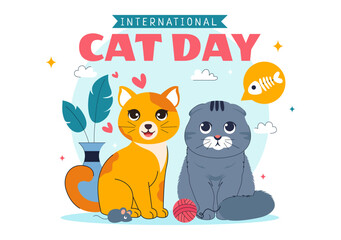 International Cat Day Vector Illustration on August 8, Featuring a Celebration of Cats, Animal Love, and Companionship in a Flat Cartoon Background