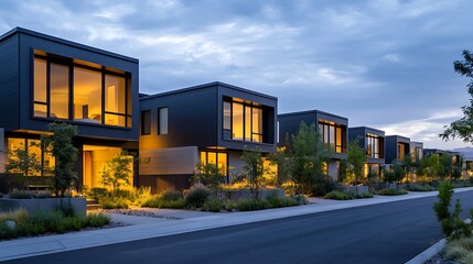Fototapeta premium A row of energy-efficient homes with clean geometric designs, large south-facing windows, minimalistic front yards and overcast lighting