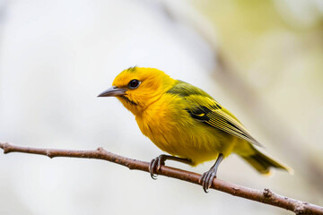 Obraz premium Bright Yellow Tanager Perched on a Tree Branch, Displaying Its Vibrant Yellow Plumage in a Tranquil Natural Setting, Vibrant Wallpaper
