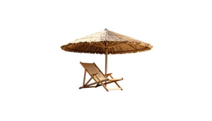 Relaxing summer beach holiday with umbrellas and separate chairs on white tropical sands.

