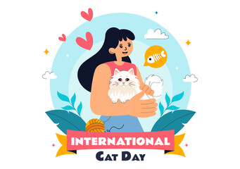 International Cat Day Vector Illustration on August 8, Featuring a Celebration of Cats, Animal Love, and Companionship in a Flat Cartoon Background