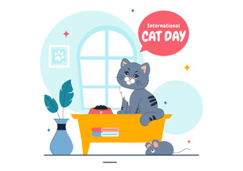 International Cat Day Vector Illustration on August 8, Featuring a Celebration of Cats, Animal Love, and Companionship in a Flat Cartoon Background