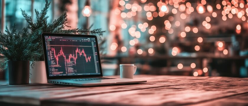 Laptop displaying trading data with rising and falling diagrams. Cryptocurrency trading at festive time. Wooden desk with plant and cup.