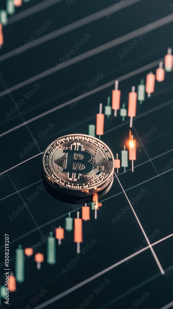 Poster digital coin placed on chart displaying cryptocurrency trading data finance concept dark background