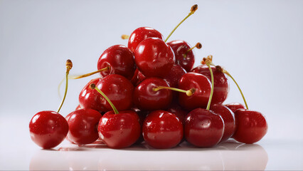 Juicy pile of fresh cherry closeup captured with perfect lighting and detail with glossy red color. This fresh cherry closeup ideal for food concepts, health themes, and summer designs