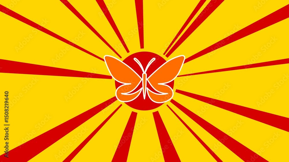 Poster butterfly symbol on the background of animation from moving rays of the sun. large orange symbol inc