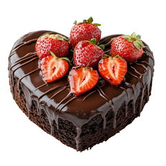Heart-shaped chocolate cake topped with strawberries a delicious dessert