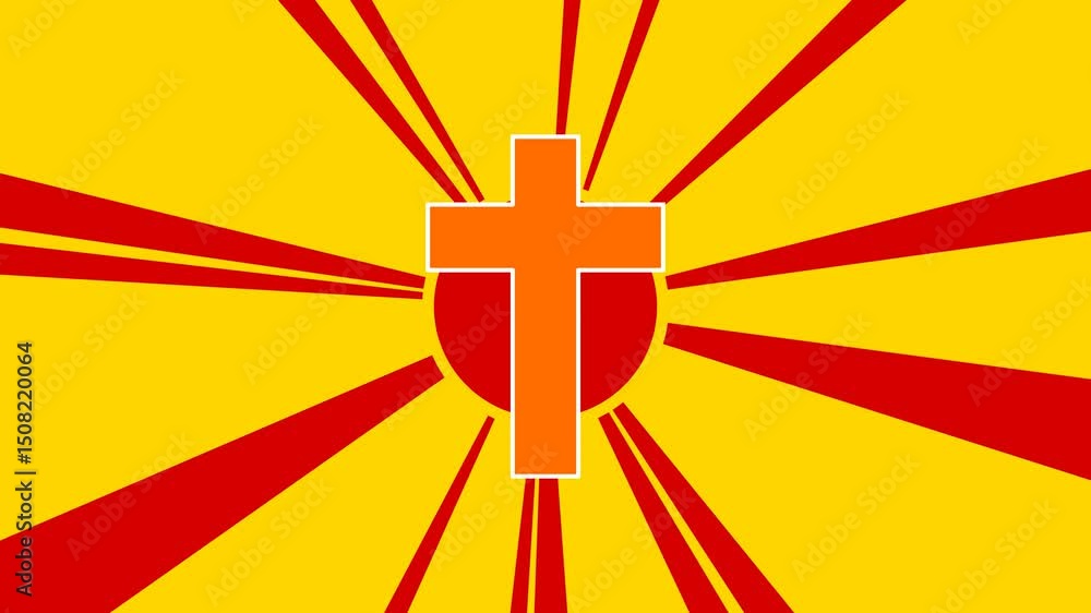 Poster cross symbol on the background of animation from moving rays of the sun. large orange symbol increas