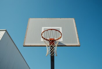 Minimalistic outdoor basketball hoop and backboard against clear blue sky