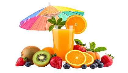 Fresh citrus and berry juices with whole fruits on white