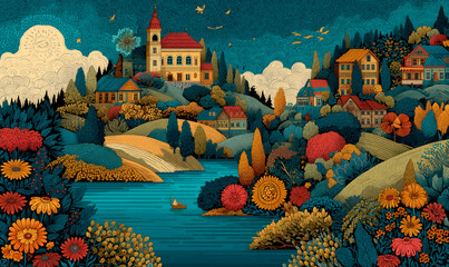 Illustrations presenting various neighborhoods in a bright and beautiful Russian rural style. The river, houses and way of life are visible