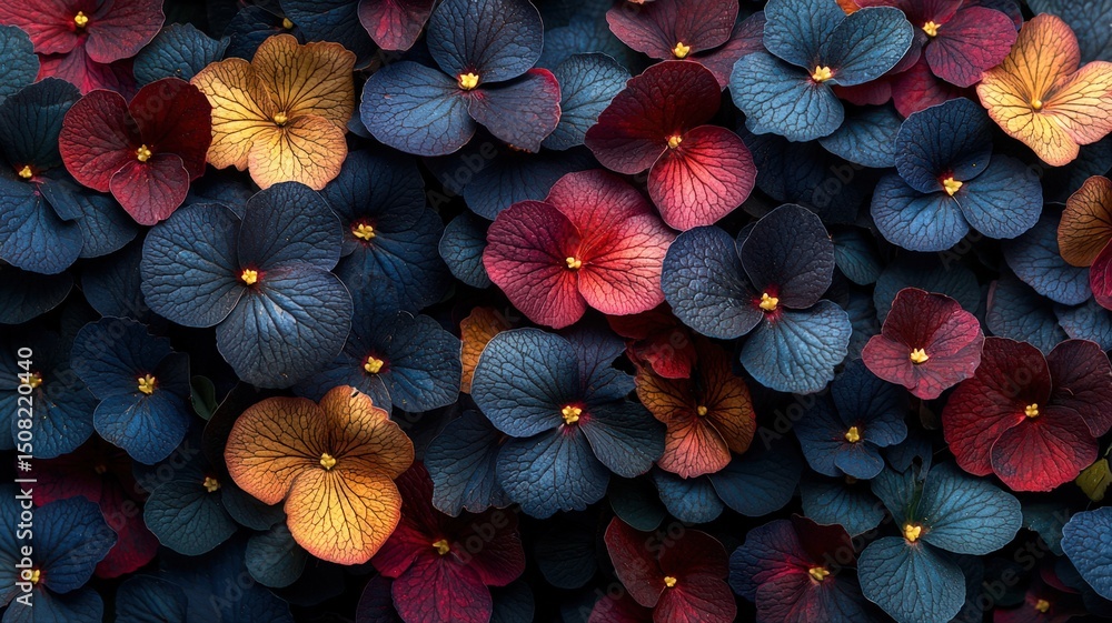 Poster cinematic pattern of overlapping begonia leaves with rich colors and texture
