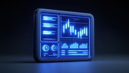 Futuristic tablet displaying financial data, glowing blue interface