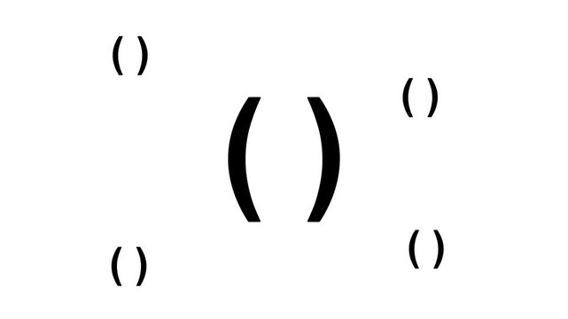 Zoom in and out animation the brackets symbol. Large black symbol in the center and four small symbols around. Seamless looped 4k animation on white background