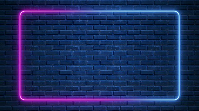neon lights pink and blue border frame on brick wall motion background,abstract technology and streaming blank social media design element	