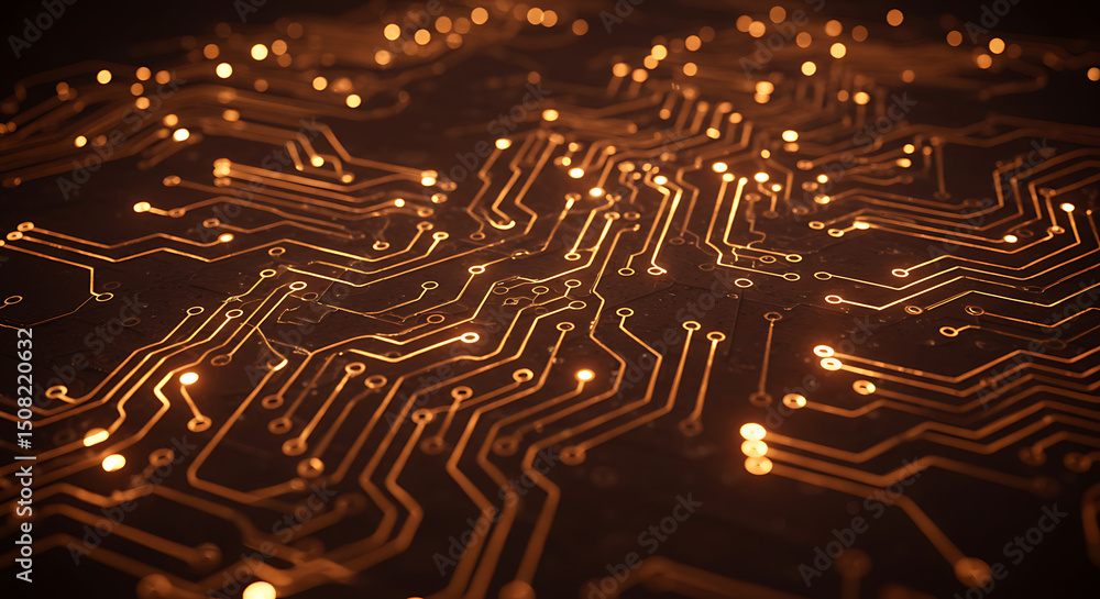 Poster glowing golden circuit board technology background abstract electronic microchip pattern