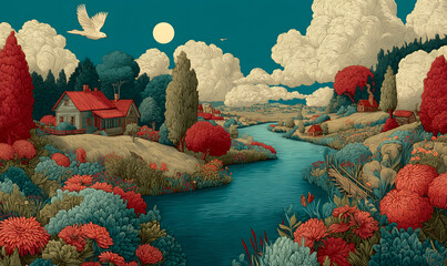 Illustrations presenting various neighborhoods in a bright and beautiful Russian rural style. The river, houses and way of life are visible