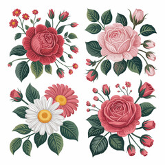 Four bouquets of roses, daisies, and buds on a transparent background, concept for floral design, wedding invitations, and greeting cards