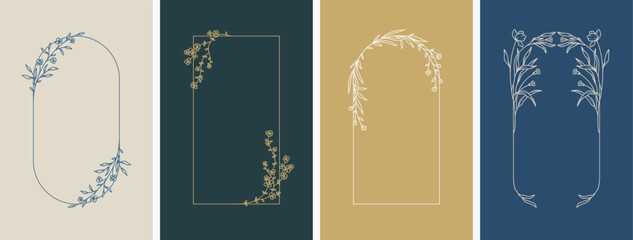 Elegant frames with hand drawn flowers and leaves, line style design template. Vector background for wedding invitation, greeting card, save the date, label, branding