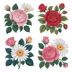 Four vintage floral bouquets featuring roses and daisies on transparent background, concept for textile print, wedding invitation, greeting card design