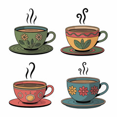 Obraz premium Four illustrated teacups with floral and leaf designs on saucers, steaming hot; concept for cafe menu, greeting cards, or packaging design