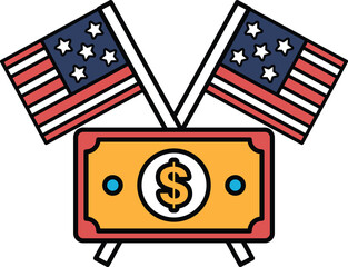 Fototapeta premium A dollar bill is crossed with two American flags