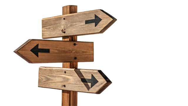 weathered wooden signpost with three directional arrows, standing as a timeless guide, transparent background 