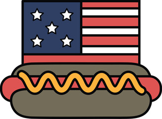 A hot dog with a red, white, and blue bun and a red stripe