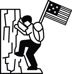 A man is climbing a rock with a backpack and a flag