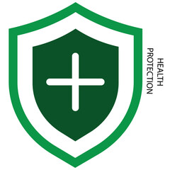 Obraz premium Green shield emblem featuring a white cross in the center, symbolizing protection or health care. 