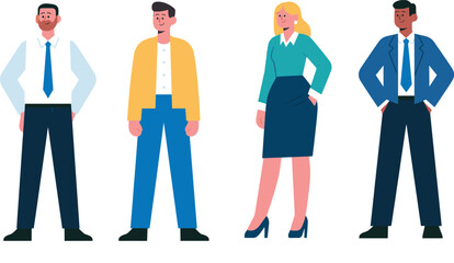Business professionals diverse group standing confident full body flat vector illustration modern office casual and formal attire isolated
