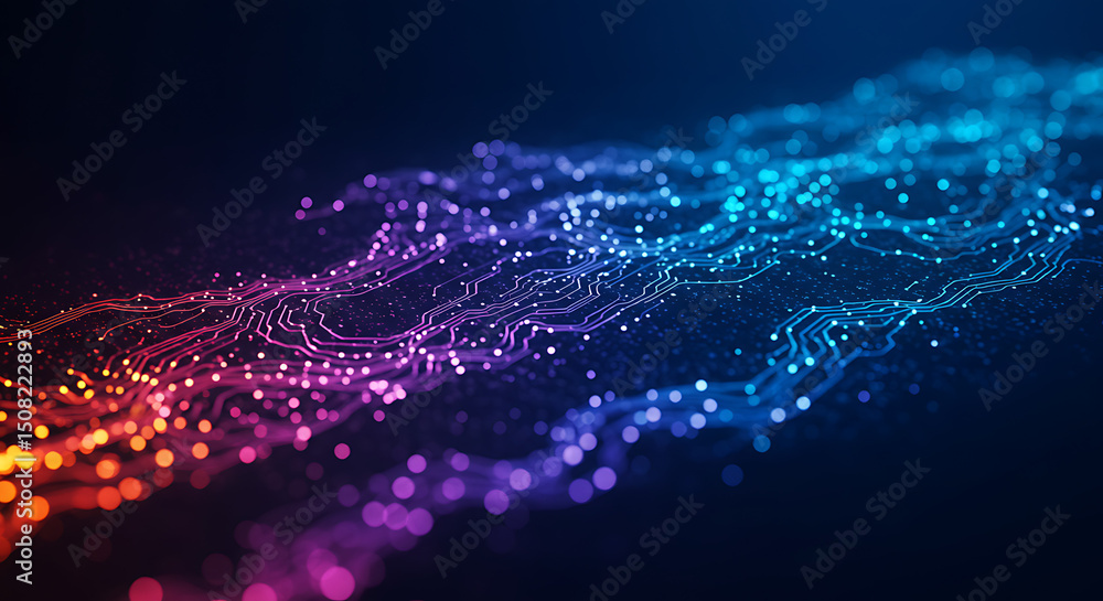Poster abstract digital circuit board background glowing neon lines and nodes