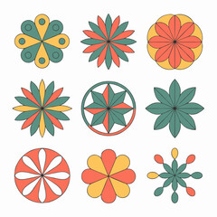Fototapeta premium Nine abstract geometric floral designs in teal, coral, and gold on a transparent background, concept for textile print, pattern design, and branding