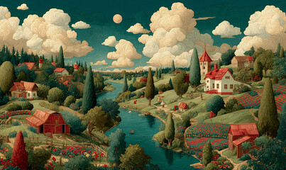 Illustrations presenting various neighborhoods in a bright and beautiful Russian rural style. The river, houses and way of life are visible