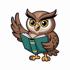 Obraz premium Cute cartoon owl holding a teal book, wing outstretched in a welcoming gesture; concept for children's book illustration, education, and mascot design