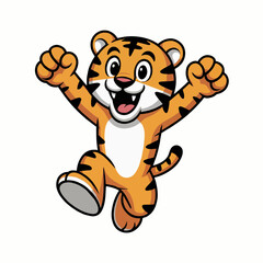 Joyful cartoon tiger cub jumping with raised paws against a white background, concept for children's book illustration, mascot design, or brand logo