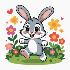 Fototapeta premium Adorable cartoon bunny hopping amidst colorful flowers and hearts, concept for children's book illustration, greeting cards, and spring designs