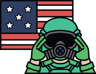 A man in a green gas mask is looking at an American flag