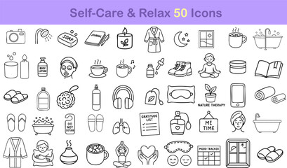 Self care and relaxation icons featuring various elements like tea, meditation, and wellness activities create soothing atmosphere