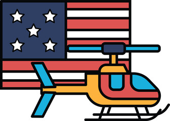 A red, white, and blue American flag is next to a helicopter