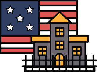 A house is shown next to the American flag