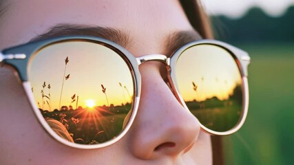 Young woman wearing stylish sunglasses reflecting a sunset over a grassy field in the background - Powered by Adobe